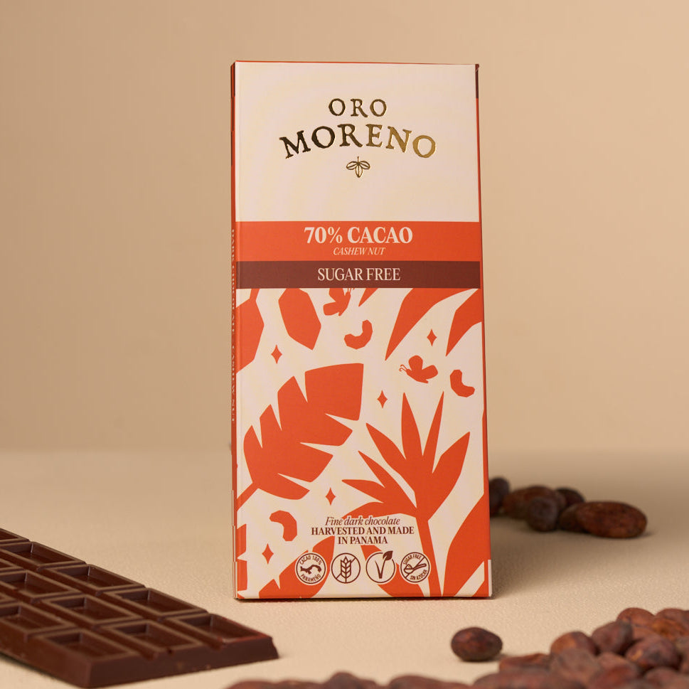 BARRA SIN AZÚCAR 70% CACAO CON PEPITAS DE MARAÑÓN – Oro Moreno Panamá