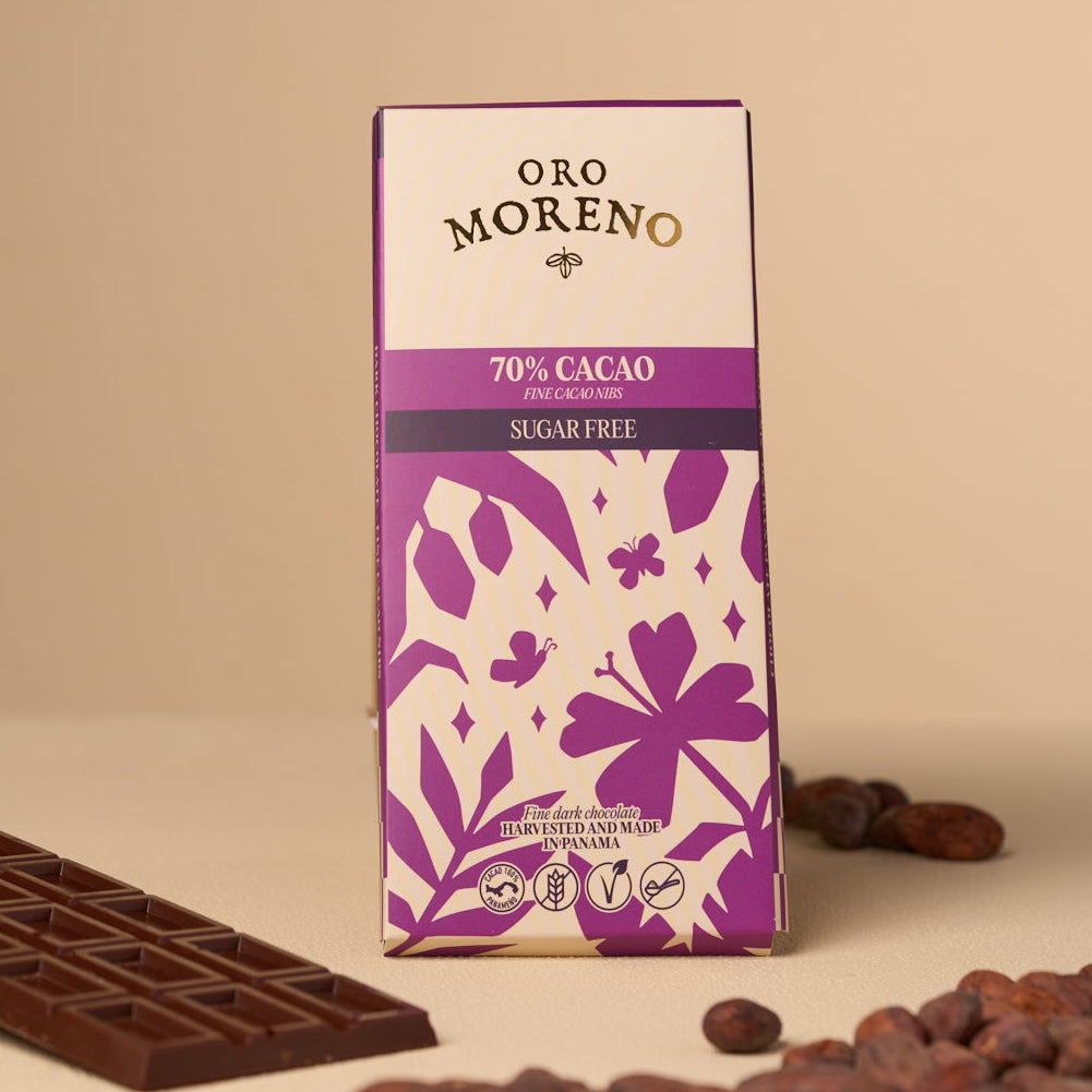BARRA SIN AZÚCAR 70% CACAO CON NIBS – Oro Moreno Panamá