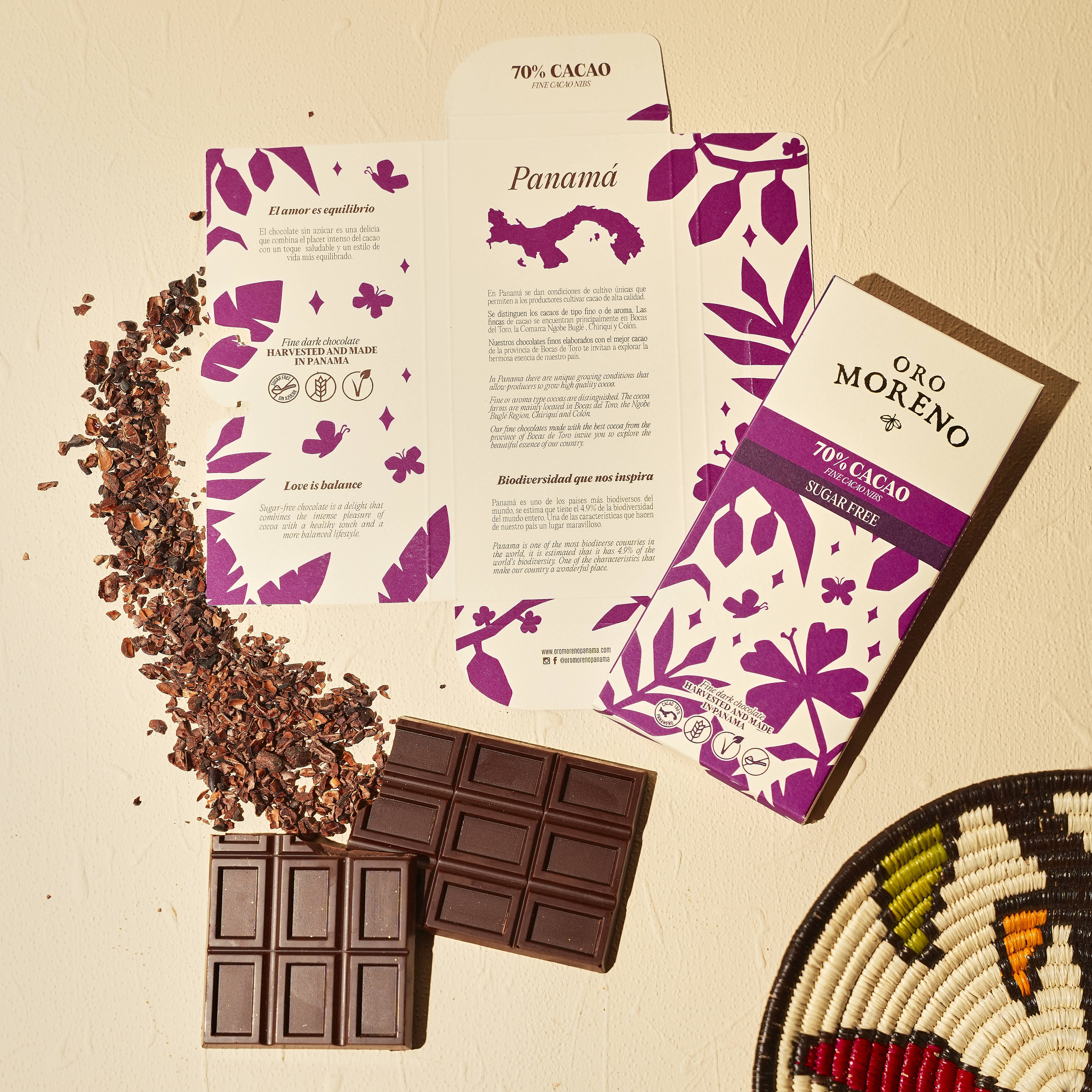 BARRA SIN AZÚCAR 70% CACAO CON NIBS – Oro Moreno Panamá